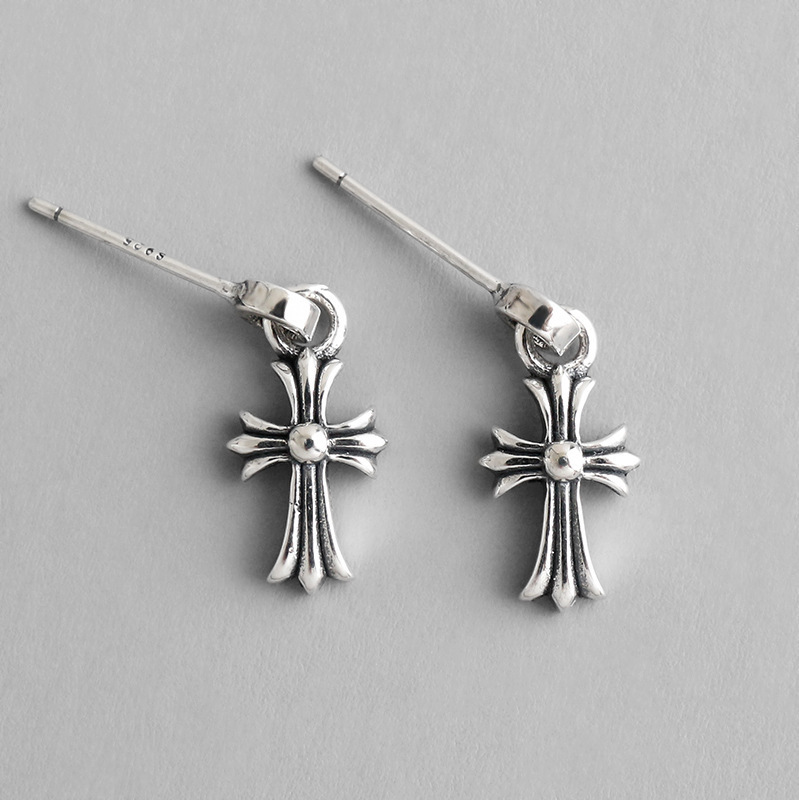 HED431 Korean version S925 sterling silver simple retro old cross flower earrings earrings stud earrings student women's silver jewelry