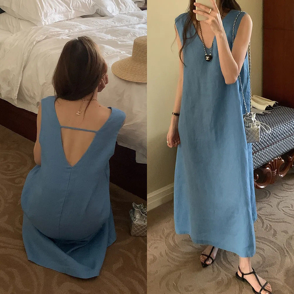 【2307 people collect】Fat MM design-sensitive backless v-neck sleeveless dress with extra large size 300 catties summer loose belly-covering vest skirt