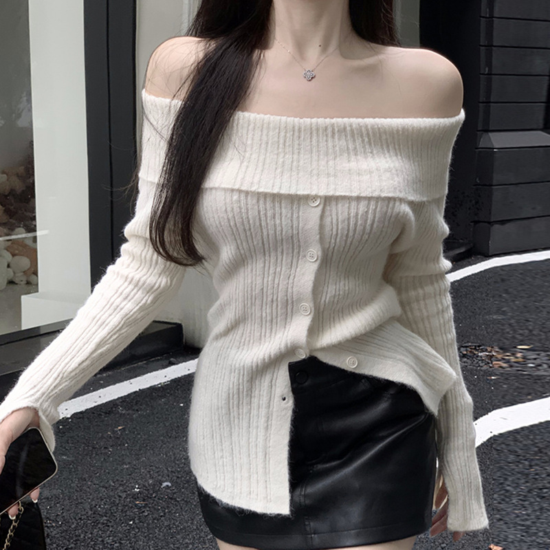 Millennial hot girl one-shoulder long-sleeved sweater autumn women's clothing new sexy slim white top women's design sense