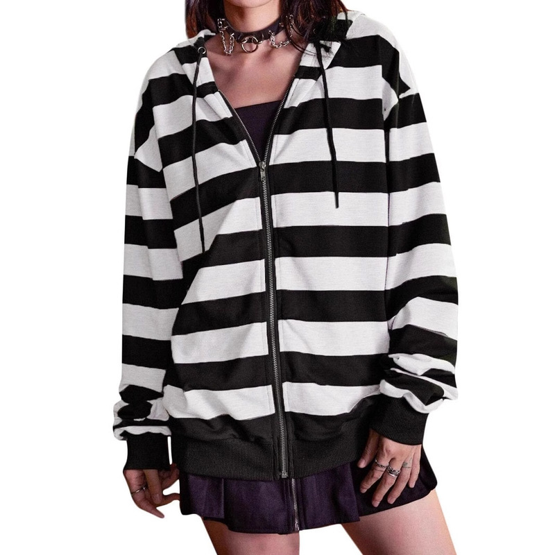 European and American Autumn Cross-border New Striped Hooded Sweatshirt Cardigan Loose and lazy style Casual Zipper Jacket Pack