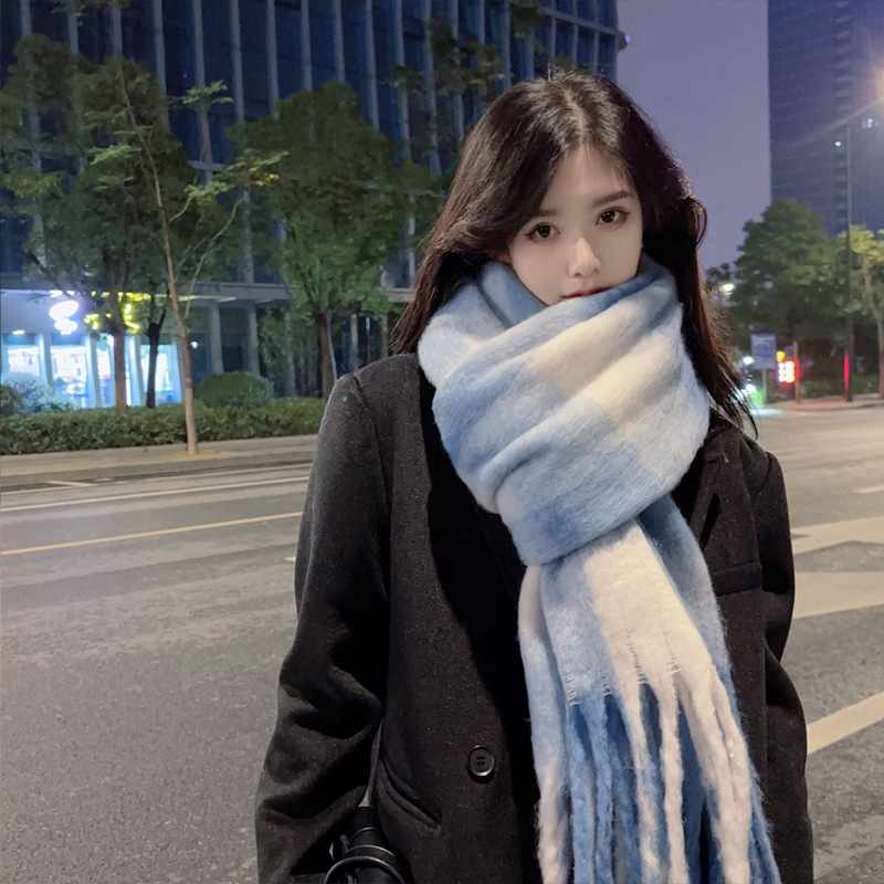 Plaid scarf for women in winter warmth and thick Korean style temperament versatile mohair scarf student couple tassel shawl