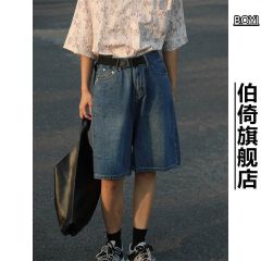 Simple retro blue loose wide-leg jeans for men and women's design niche mid-waist versatile workwear five-point pants high street