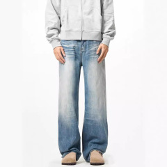 American retro washing wide-leg blue jeans new trendy versatile loose straight pants for men and women