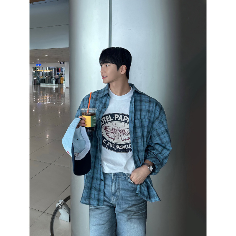 Korean Oppa long-sleeved shirt for men Japanese retro plaid trendy brand loose casual shirt spring and autumn cardigan jacket