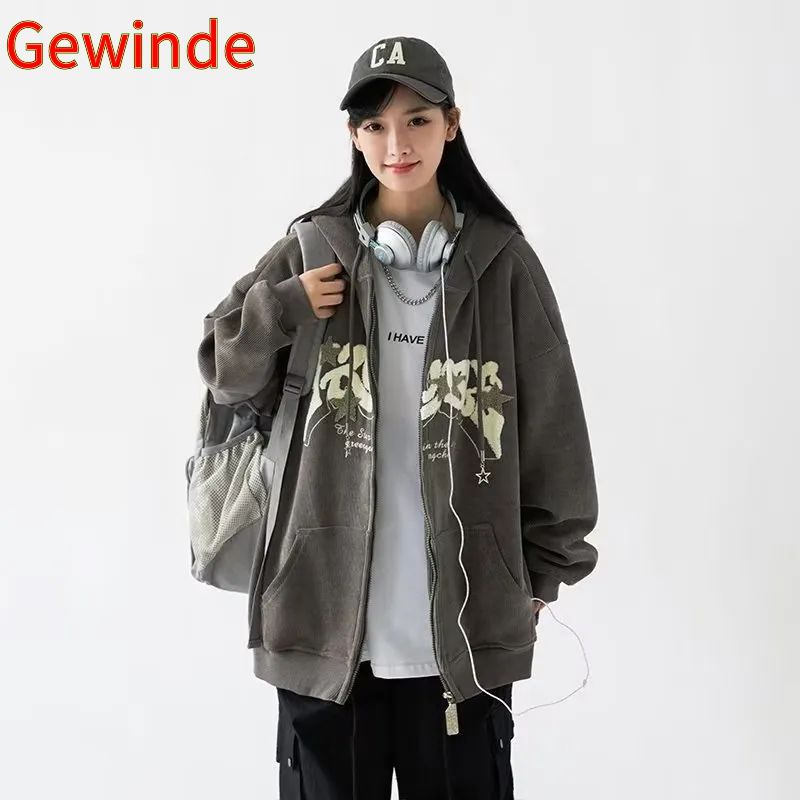 American corduroy cardigan jacket men and women same style spring and autumn trend ins loose embroidery couple hooded sweatshirt