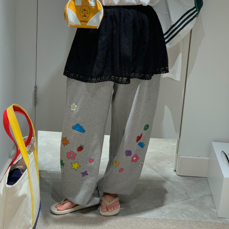 Korean version ins cute doodle hand-drawn print cartoon children's fun Harajuku girl sports sweatpants casual trousers 3 colors