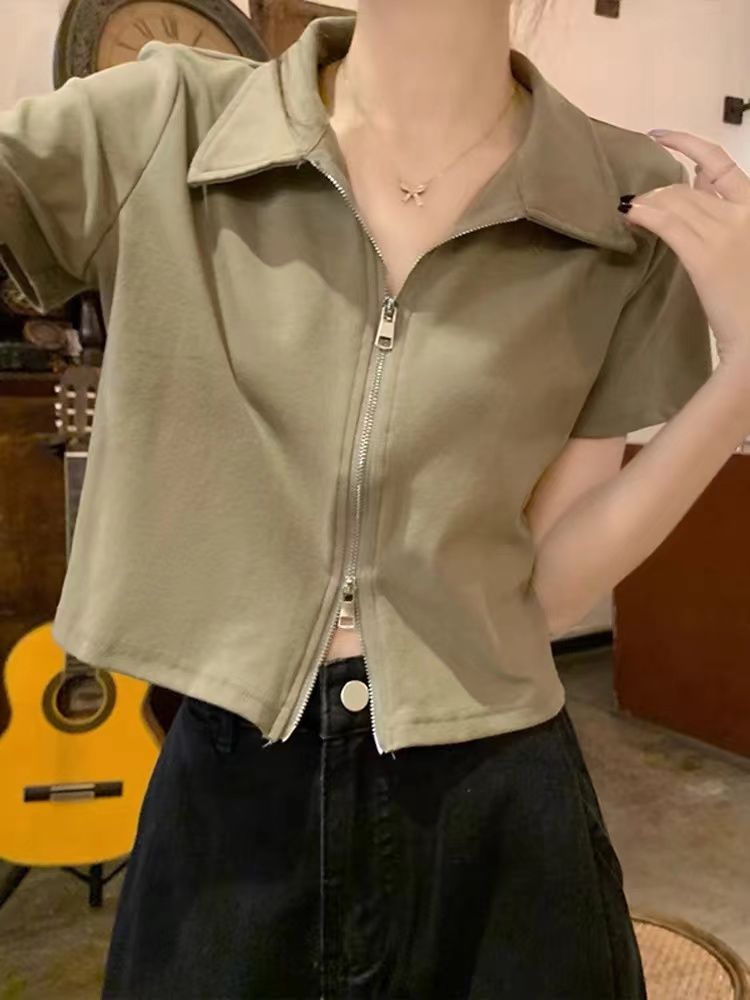 Avocado green shoulder short-sleeved T-shirt for women in summer design niche versatile zipper slim short top
