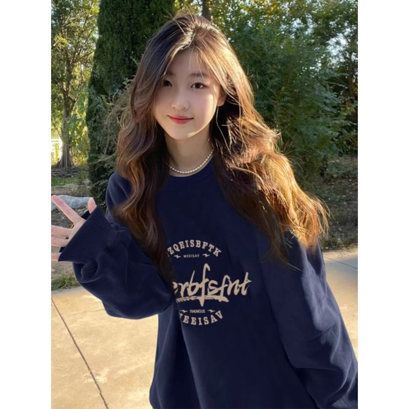 Autumn and winter navy blue round neck sweatshirt for women with autumn and winter plus velvet loose oversize American retro lazy style top