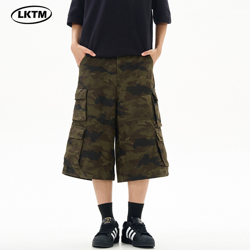 LKTM Men's Clothing #American Retro Camouflage Working Cropped Pants for Men and Women Loose Straight Silhouette Casual Wide-Level Shorts