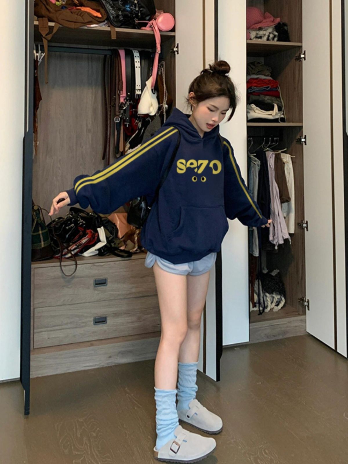 Three bar navy blue sweatshirt for women new hot autumn and winter American loose oversize hooded jacket trendy