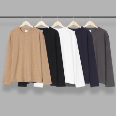 Japanese retro washing Ami Kaji heavy 320g bamboo joint cotton loose solid color Henry neck men's long-sleeved T-shirt