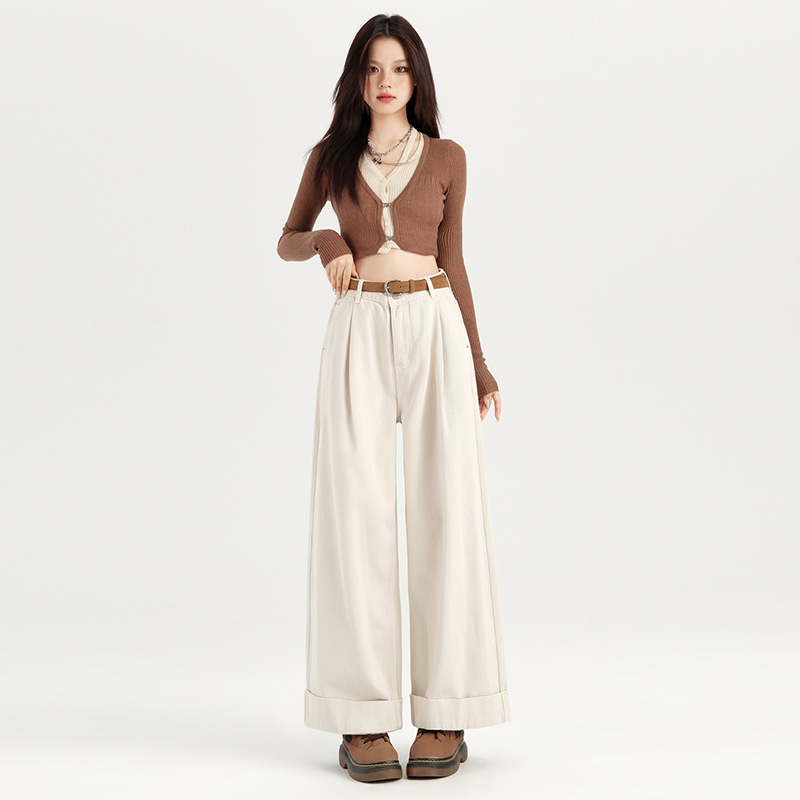 French straight-tipped bleached autumn new streamer apricot curly jeans for women with high waist wide-leg slim jeans