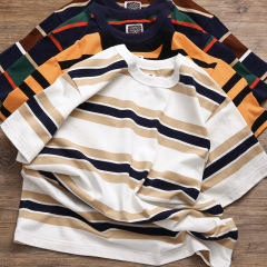 230G heavyweight Ami Kaji pure cotton round neck American retro horizontal striped short-sleeved T-shirt for men in summer cotton high-end