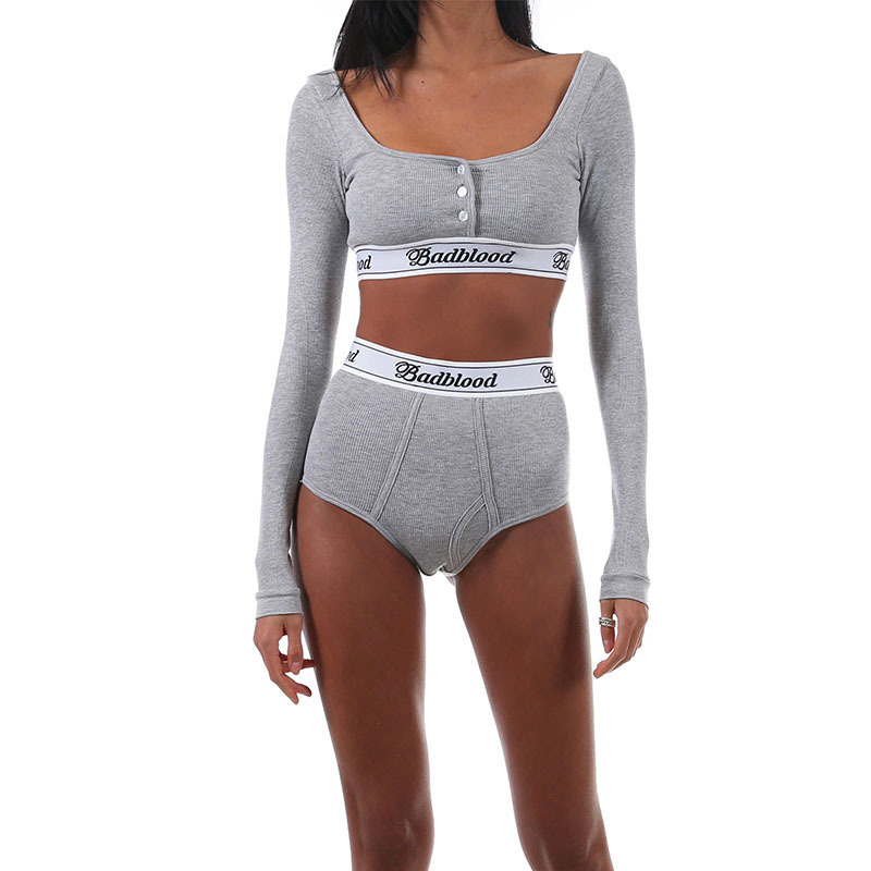 Badblood autumn new long-sleeved ultra-short square collar T-shirt for women with slim waist exposed and sexy girl base shirt short thread