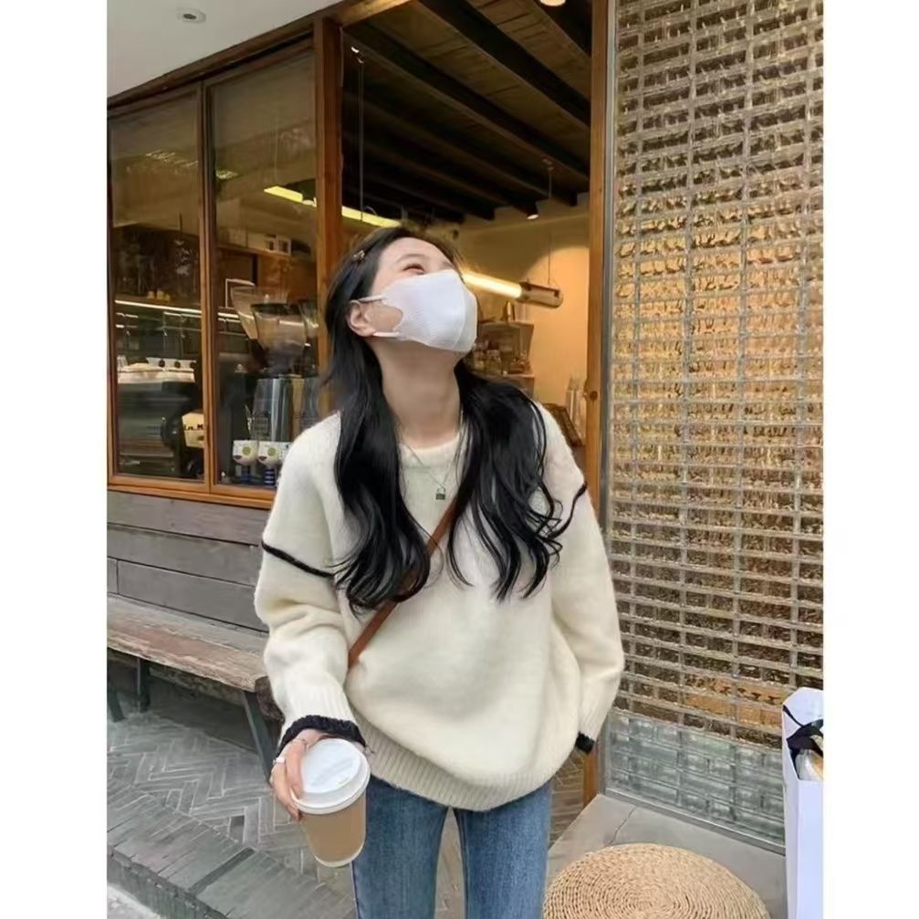 2024 contrasting color casual splicing loose autumn and winter raccoon velvet lazy style fashionable versatile sweater thickened sweater for women