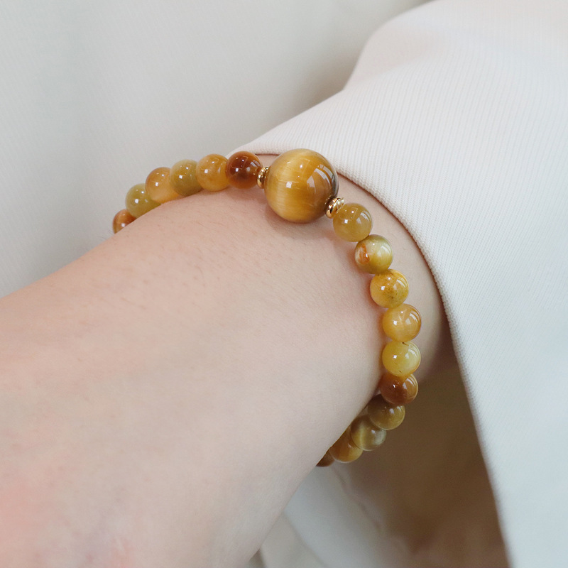 Natural yellow tower crystal crystal bracelet gold tiger eye stone beaded bracelet elastic high-end simple jewelry