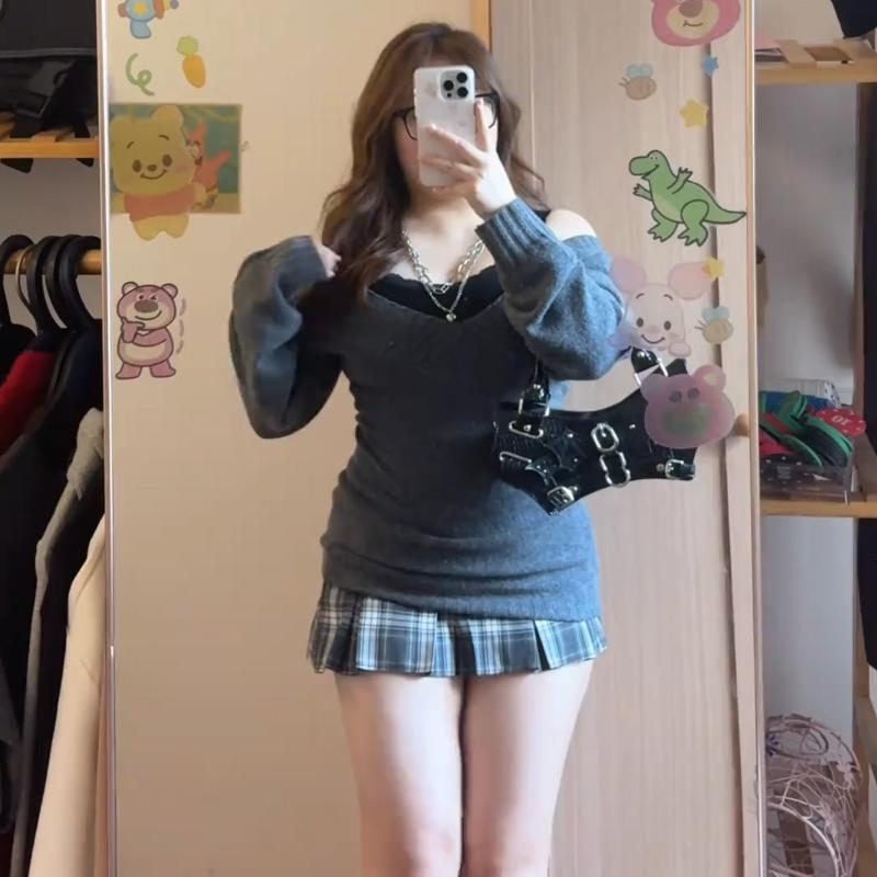 Large size fat mm French retro style V-neck pullover sweater women's autumn layered suspender vest two-piece set