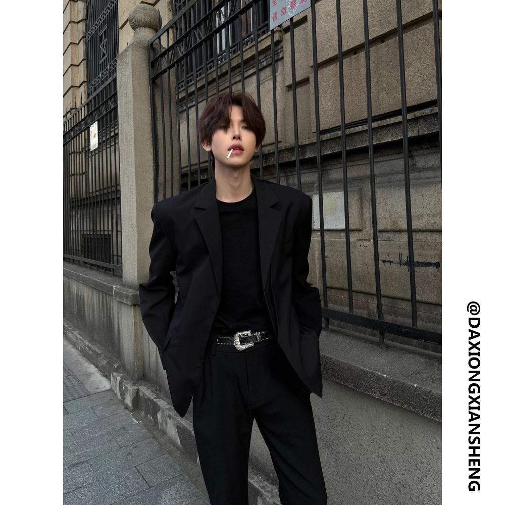 Black casual suit jacket men's handsome high-end men's fashion brand spring and autumn wear shoulder pad suit jacket top