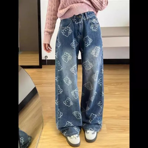 National trend brand American retro full print cat jeans for women loose design niche high waist wide-leg straight pants
