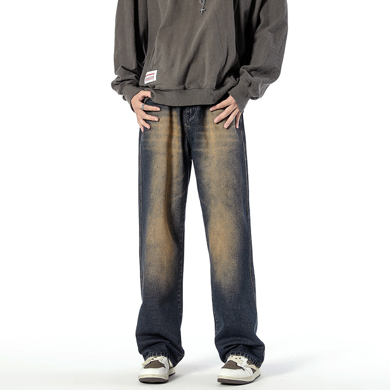 High Street American Loose Jeans Men Straight Retro Washed Vintage Wide Legs All-match Pants