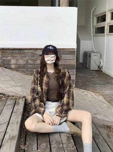 Lazy style versatile trendy plaid shirt for women early spring casual summer new thin sunscreen shirt jacket