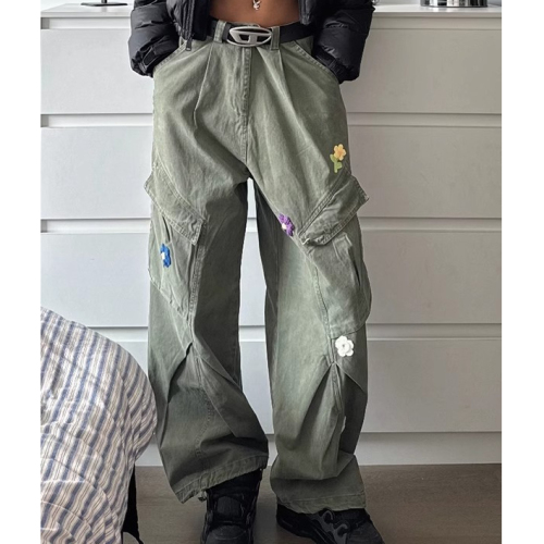Flower embroidery multi-pocket wide-leg work pants American fashion brand cleanfit army green pleated straight sports pants