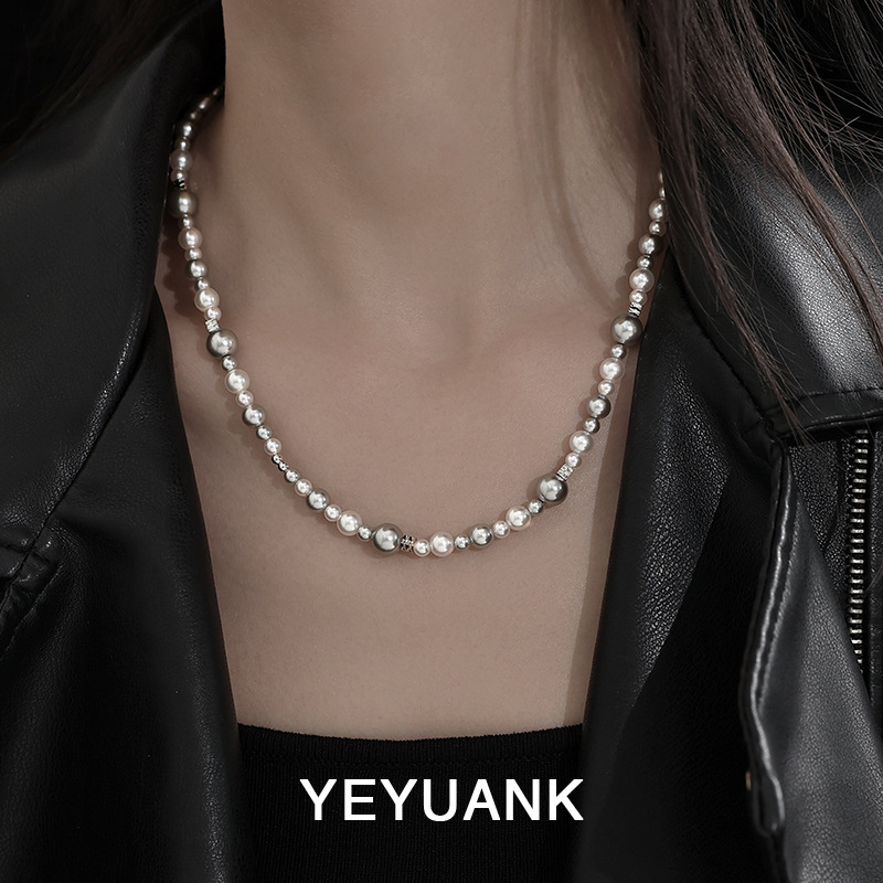 Nohara Aoi ins Ni Ni same style imitation Tahitian pearl card gray white beaded necklace sweater chain autumn and winter women