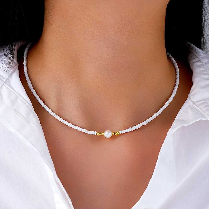 Cross-border European and American fashion beach style casual simple temperament personality imitation pearl rice bead necklace French female collarbone chain