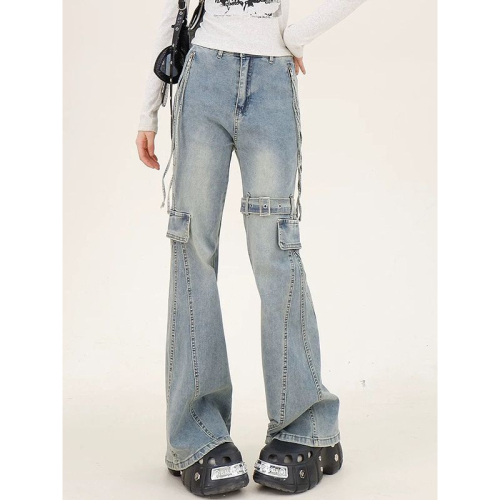 Design sense splicing tooling micro-flare jeans for women in spring and autumn 2025 new high-waist slim fit horseshoe trousers