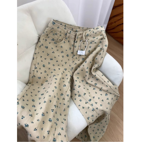 Large size retro floral straight jeans for women 2025 new design niche high waist loose wide-leg pants