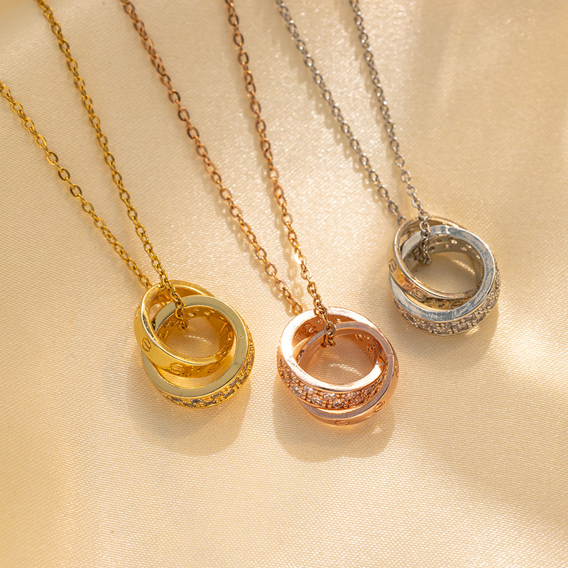 Double ring necklace pendant for women diamond rose collarbone chain for women diamond necklace hot selling style on Douyin