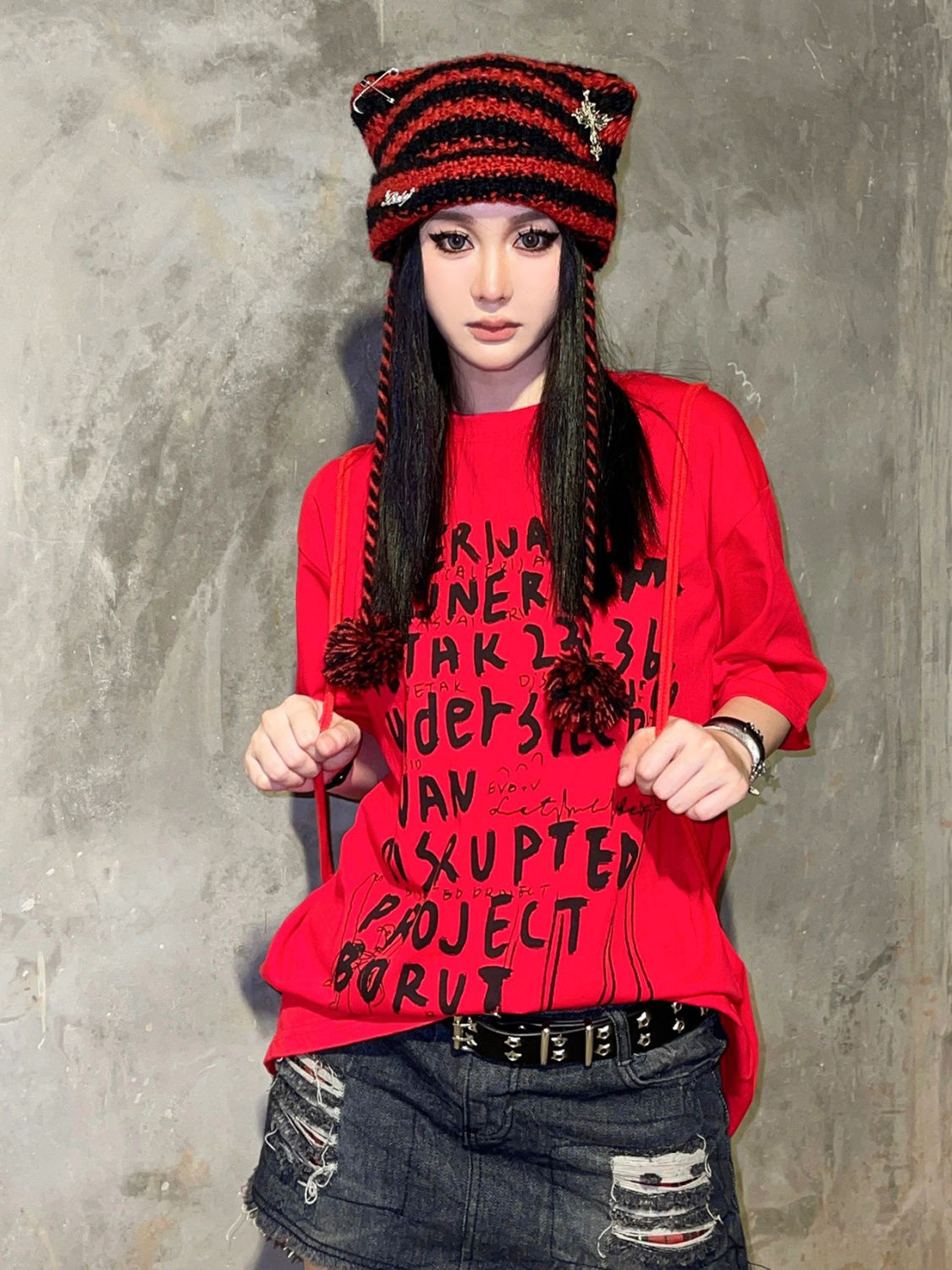American retro trendy brand letters short-sleeved T-shirt for women's summer red high street loose cotton top ins design niche