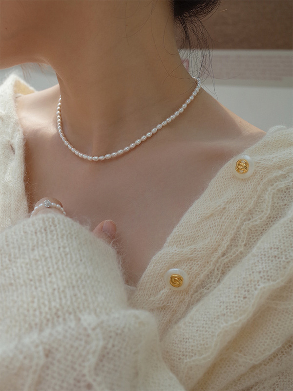 Light luxury simple natural freshwater pearl necklace ins style clavicle chain high-end fashion plain chain necklace women