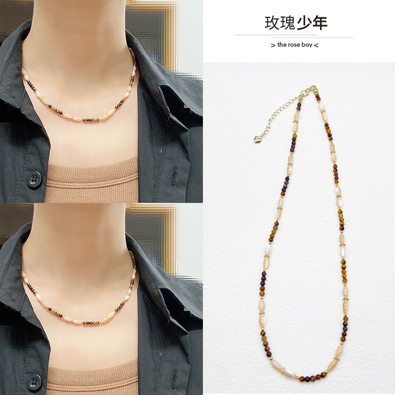 Maillard natural tiger eye stone white fritillary beaded necklace niche design high-end temperament fashionable collarbone chain