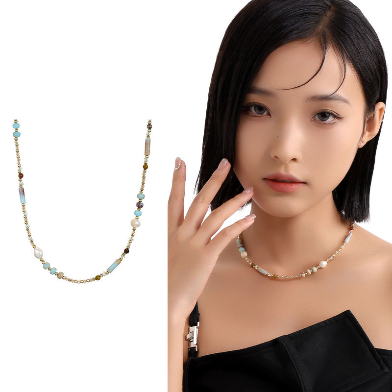Ethnic style color beaded necklace for women light luxury niche collarbone chain new Chinese retro sweet cool dopamine accessories summer