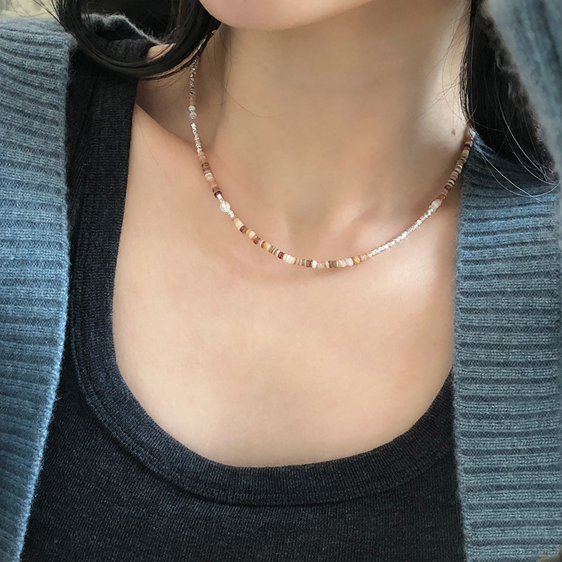 S925 silver irregular shell broken silver splicing necklace women imitation pearl simple temperament personality niche design jewelry