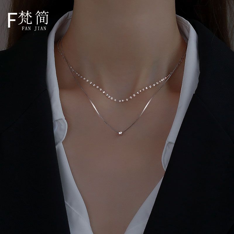 925 silver sparkling plastic chain necklace for women ins high-end round bead clavicle chain frigid style double layered necklace trendy