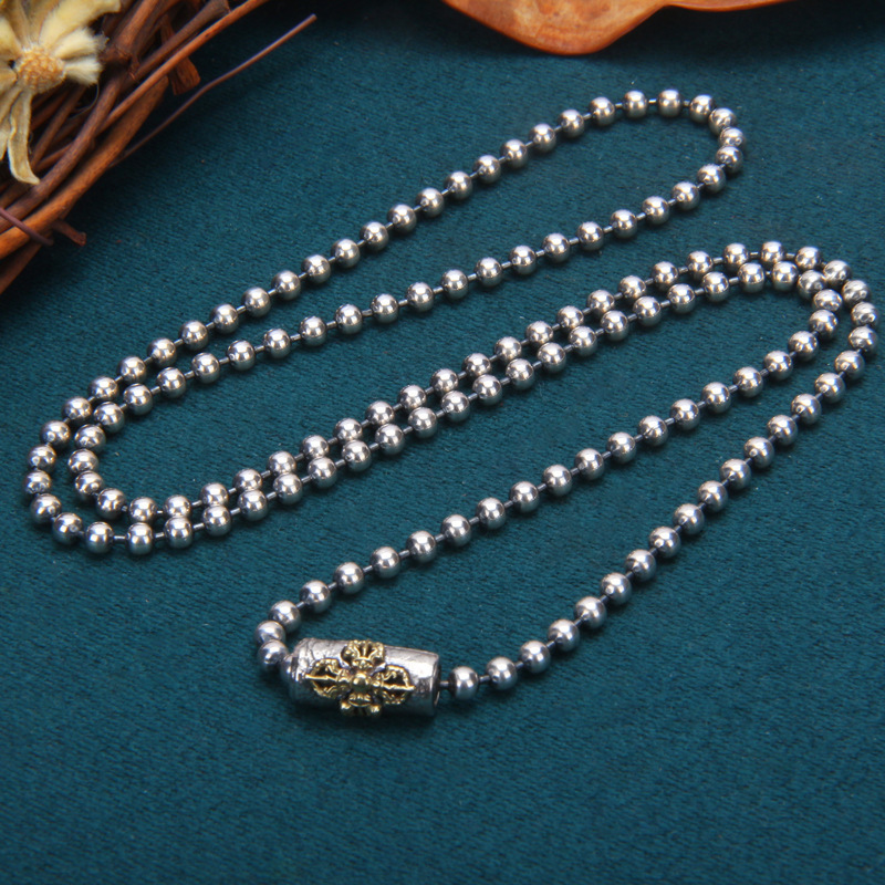 s925 sterling silver retro old round bead chain necklace men and women personality versatile fashion six-character mantra and vajra buckle set
