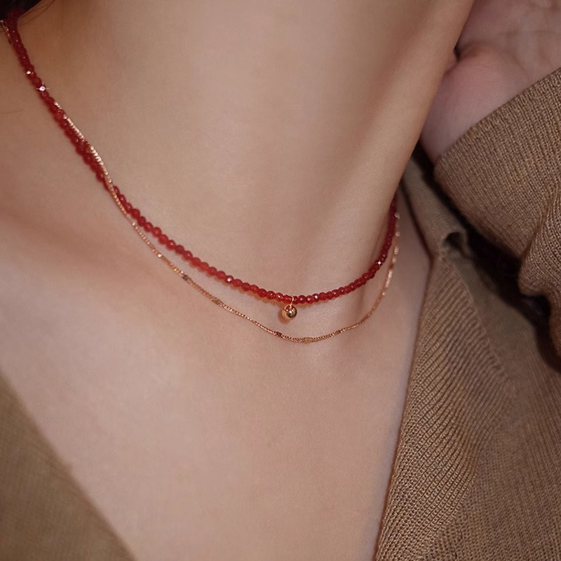 Tichi S925 sterling silver retro light luxury cut-faced red agate bead necklace for women with high-end feeling stacked plain chain collarbone chain
