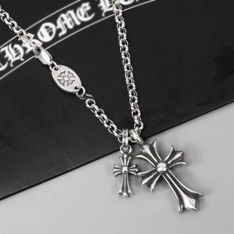Ch Punk Luo Ya Trendy Necklace for Men and Women Niche Personality Retro Double Cross Pendant Couple Hip Hop Pendant