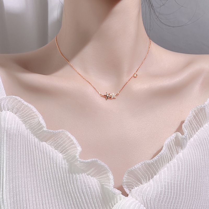 Niche S925 Silver Flash Diamond Star Star Necklace Simple Personality Sweet Temperament Best Friend Student Collarbone Chain Korean Style Women