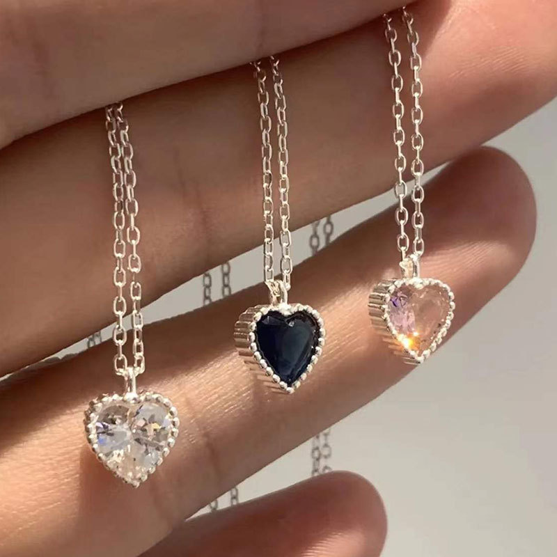 s925 sterling silver necklace for women love zircon clavicle chain new product pink blue zircon jewelry
