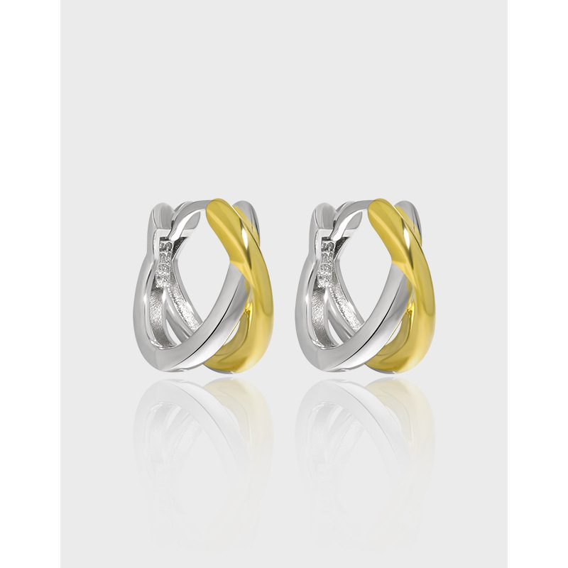 Original design Niche Ins Personality Simple and Fresh Color-Disposable Cross-Double Ring S925 Steel Silver Earrings Women