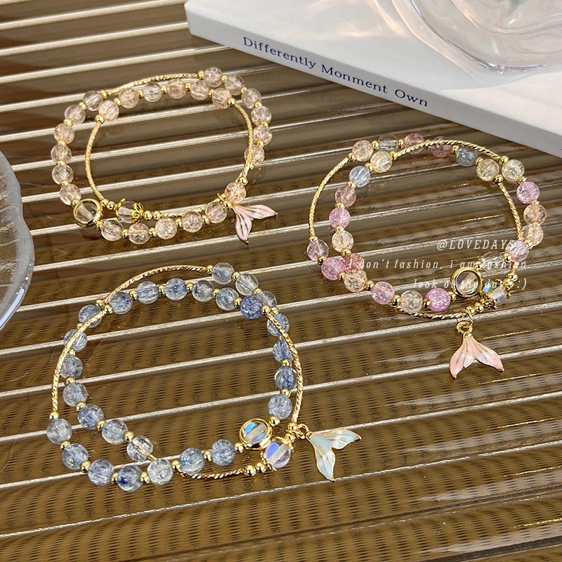 Korean style small fresh explosion crystal fishtail pendant bracelet hand-beaded mermaid glass double-layer bracelet bracelet