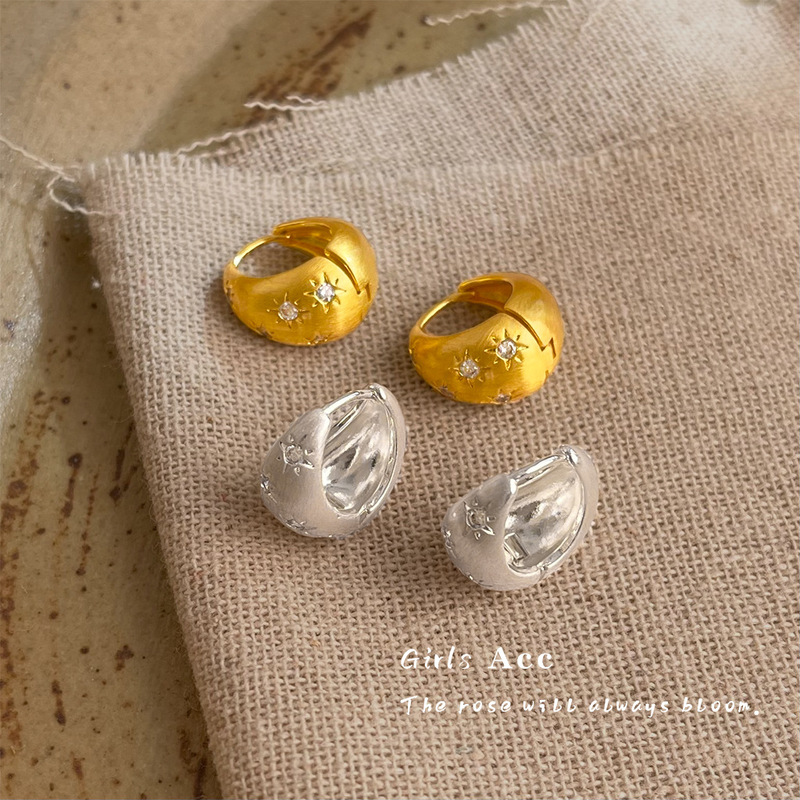 Retro light luxury style frosted brushed earrings niche design Zircon star earrings fashionable temperament earrings high-end