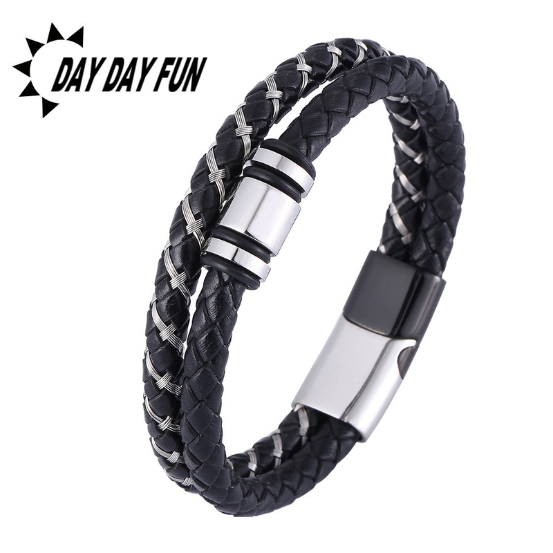 Korean new stainless steel fashion retro men's leather bracelet leather rope double-layer steel wire braided leather bracelet