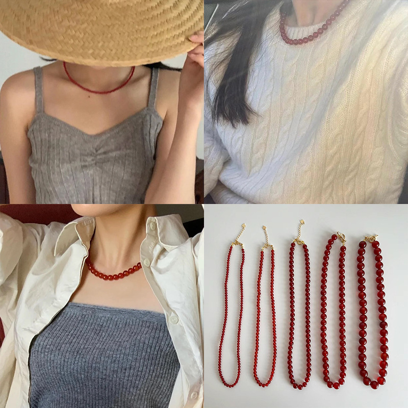 Red agate hand-made beaded necklace for women with retro light luxury high-end sense elegant fashionable temperament versatile necklace clavicle chain