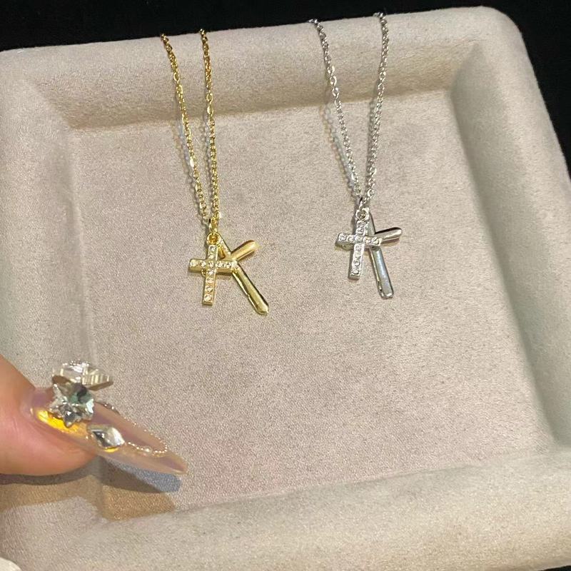Necklace simple mini inlaid zircon-sized double cross pendant slender mini cute hot girl collarbone chain