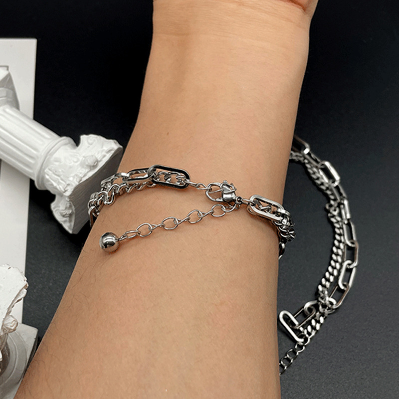 Double-layer couple bracelet ins cold style niche design simple personality men and women trendy titanium steel handpieces do not fade
