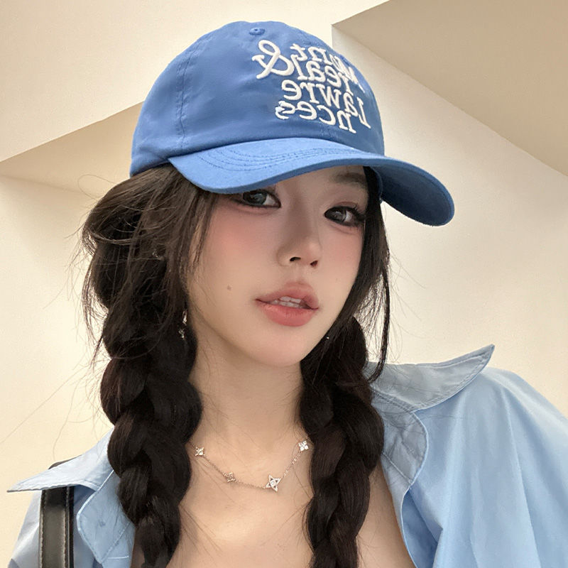 Korean version of letter embroidered blue baseball hat for women in spring and summer wide hat big brim showing face small duckling cap versatile hat